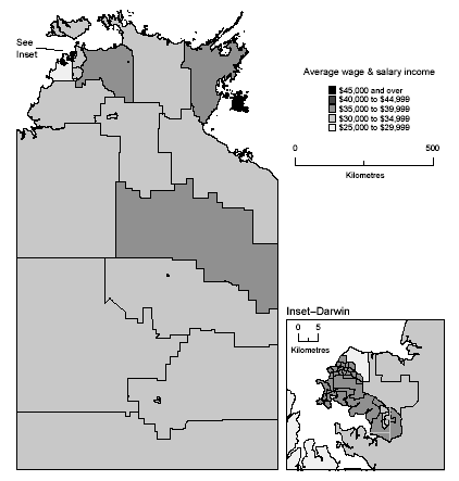 Map: Average Annual Wage and Salary Income, SLAs, Northern Territory, 2000-01