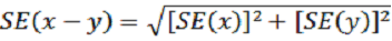 Equation: SE (x minus y) = square root of ([RSE (x)] squared + [RSE (y)] squared)