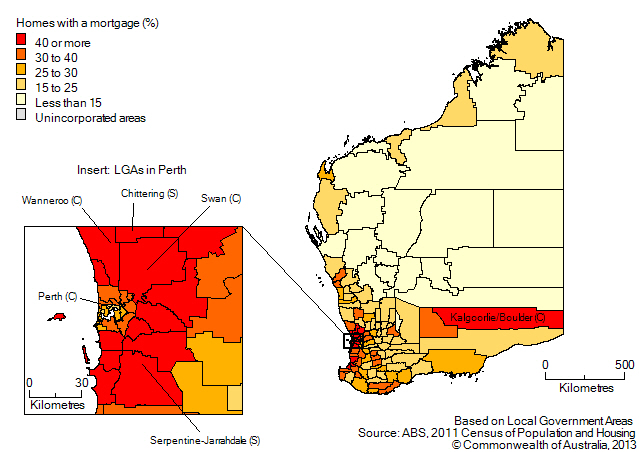 Map: Proportion of homes owned with a mortgage, by Local Government Area, Western Australia, 2011. Includes insert for Local Government Areas in Perth.