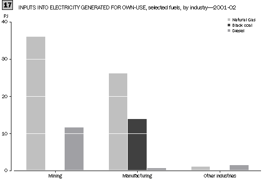 GRAPH 17. INPUTS INTO ELECTRICITY GENERATED FOR OWN-USE, selected fuels, by industry - 2001-02