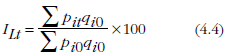 Equation: The Laspeyres price index is derived from the ratio of the revalued basket using prices from period t, to the total value of the basket in period 0.