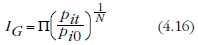 Geometric mean (GM) approach, also referred to as the Jevons formula. It is derived by, for each item, calculating its price relative, and then taking the geometric mean  of the relatives