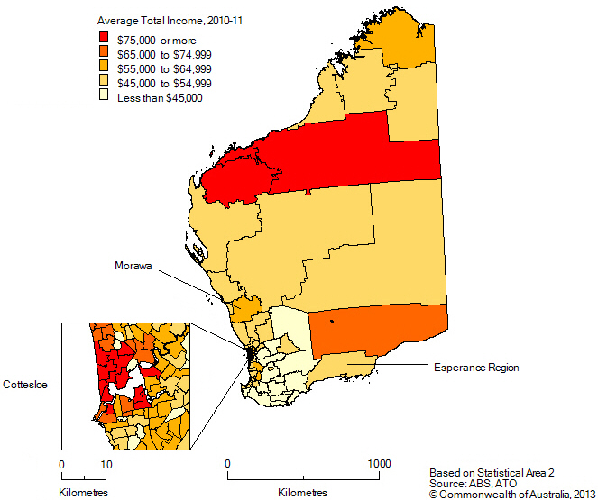 Average total income, SA2s in WA, 2010-11