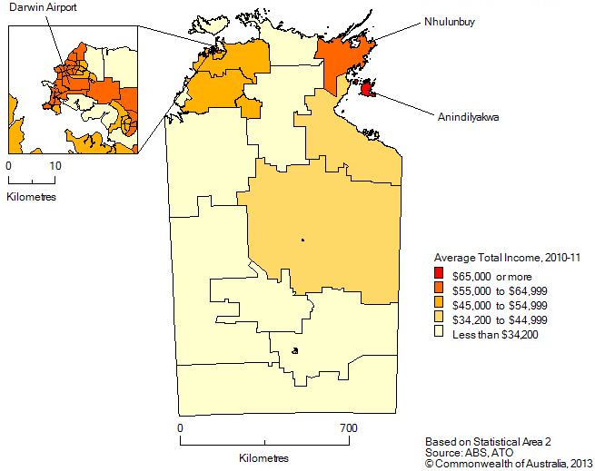 Average total income, SA2s in NT, 2010-11