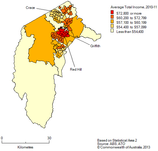 Average total income, SA2s in the ACT, 2010-11