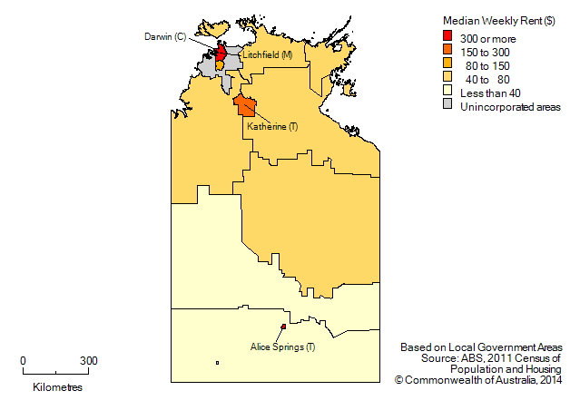 Map: Median weekly rental payment, by local government area, Northern Territory, 2011