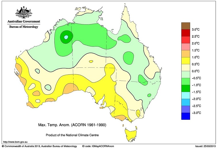 Bureau of Meterology map, Max. Temp. Anom. (ACORN 1961-1990)