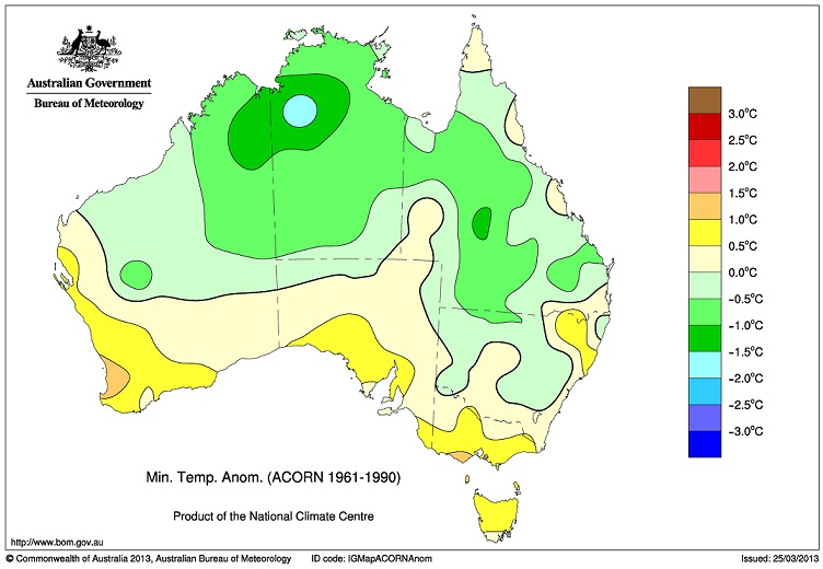Bureau of Meterology map, Min. Temp. Anom. (ACORN 1961-1990).