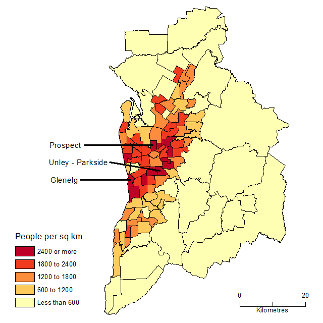 Diagram: POPULATION DENSITY BY SA2, Greater Adelaide - June 2015