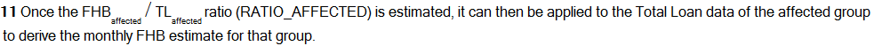 Once the FHBaffected / TLaffected ratio (RATIO_AFFECTED) is estimated, it can then be applied to the Total Loan data of the affected group to derive the monthly FHB estimate for that group.