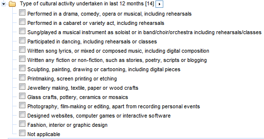 Table builder screenshot - Type of cultural activity undertaken in last 12 months
