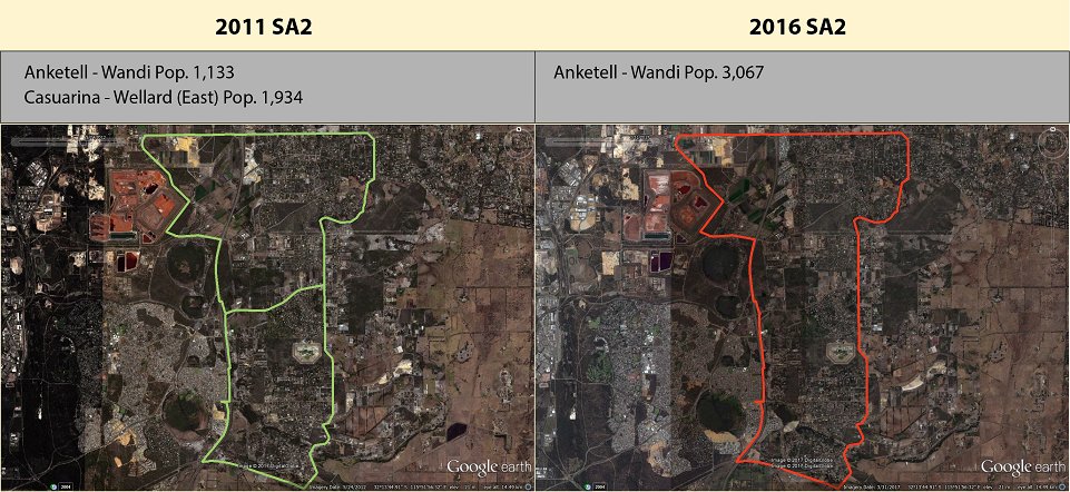 Image on left shows two 2011 SA2s that are low in population for an effective SA2. Image on the right shows the 2 SA2s have been combined together to form a large 2016 SA2 with an appropriate population size. 