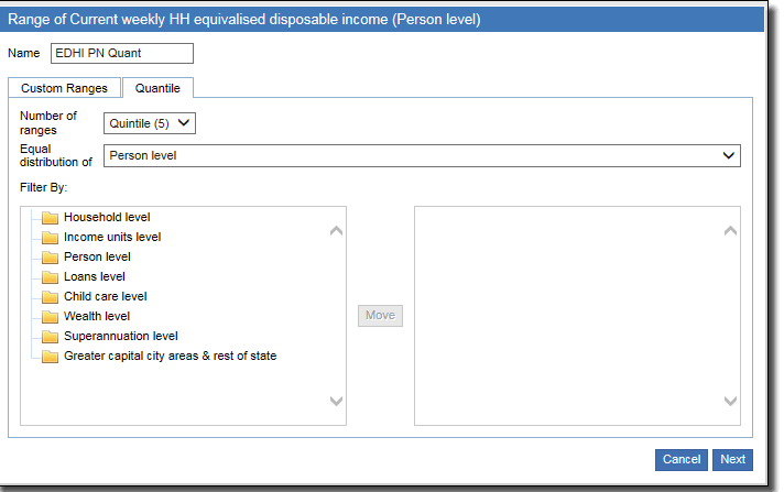 Diagram of current weekly HH equivalised disposable income (Person level)' by quintiles