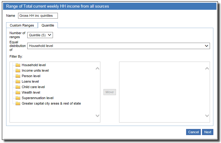Diagram describing quintiles based on 'Total current weekly HH income from all sources' (a Household level item), set the 'Equal distribution of ' box to 'Household level'