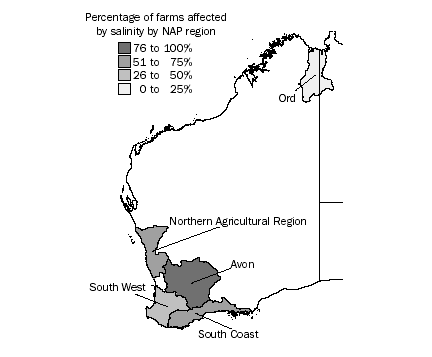 Map showing the percentage of farms affected by salinity by NAP region