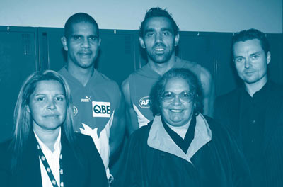 Michael O’Loughlin and Adam Goodes from the Sydney Swans at the Sydney Cricket Ground, with ABS staff: Indigenous Engagement Manager, Glenda Roberts; Statistical Coordination (Indigenous officer), Gloria Strachan; and Census PR Manager (NSW), And