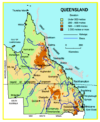 Map of Queensland showing major geographical features and major urban areas.