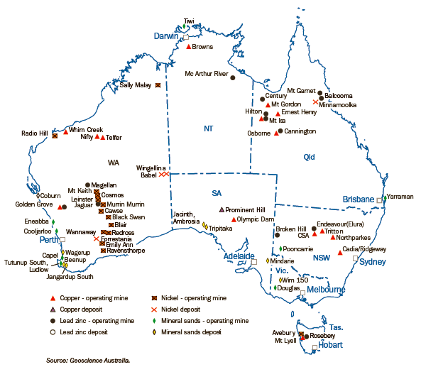 Diagram: 18.26 Selected mines and deposits of base metals and mineral sands—2006