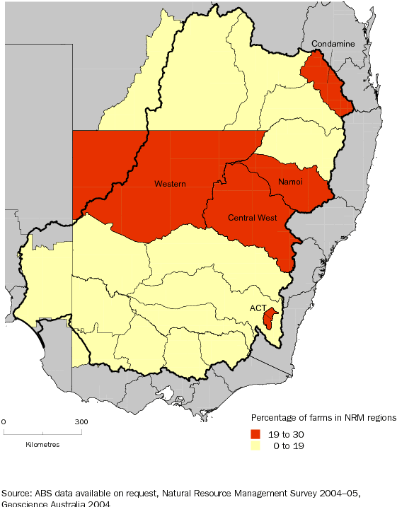 Diagram: 4.9 FARMS REPORTING PROBLEMATIC GROUNDWATER AVAILABILITY, Murray–Darling Basin NRM regions—2004–05