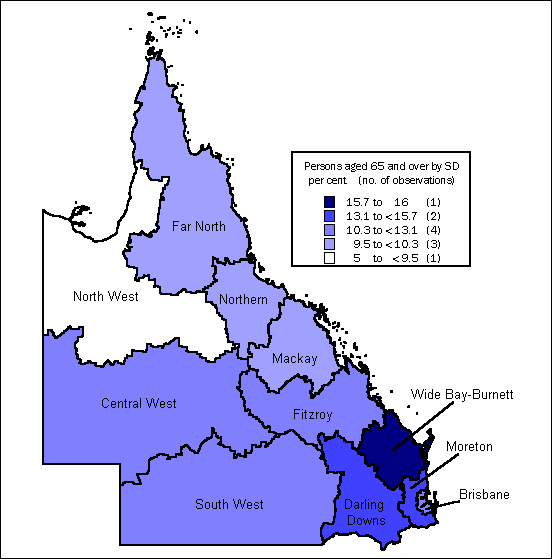 Map showing the proportion of persons aged 65 and over in the 11 Queensland Statistical Divisions in the year 2001.