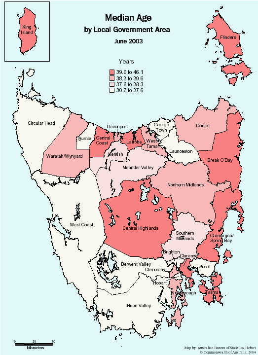 MAP: MEDIAN AGE, Tasmanian local government areas - June 2003