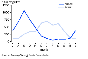 Graph - Natural and actual flows per month, Murray River at Albury — 1998–99