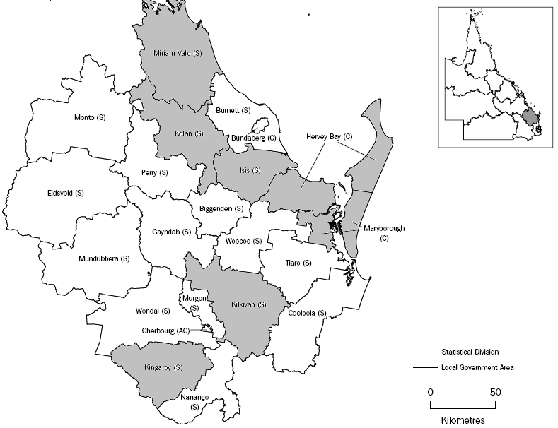 Map - Wide Bay-Burnett SD with alphabetical listing of LGAs of Hervey Bay to Miriam Vale highlighted