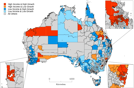 Diagram: Map Showing Statistical Local Areas by Average Wage and salary income (2006-07) and Growth Rates (2003-04 to 2006-07)