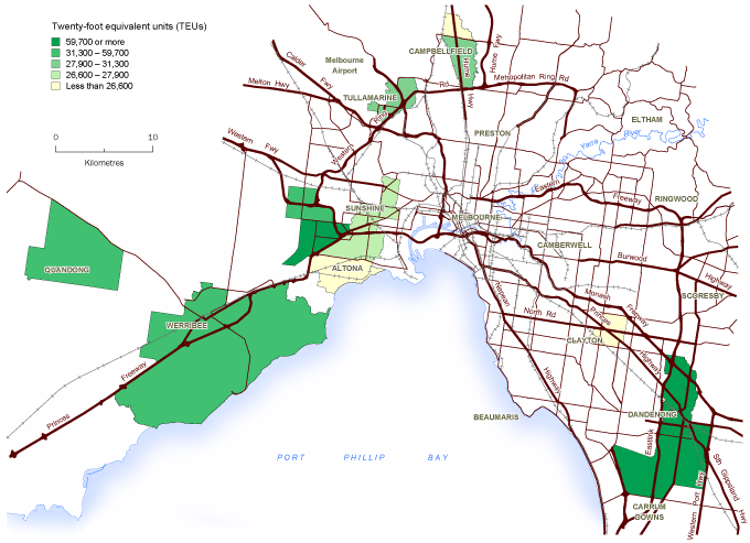 Diagram: MAP 2 - Top 10 container delivery postcodes for TEU totals, imports, Port of Melbourne, 2009-10