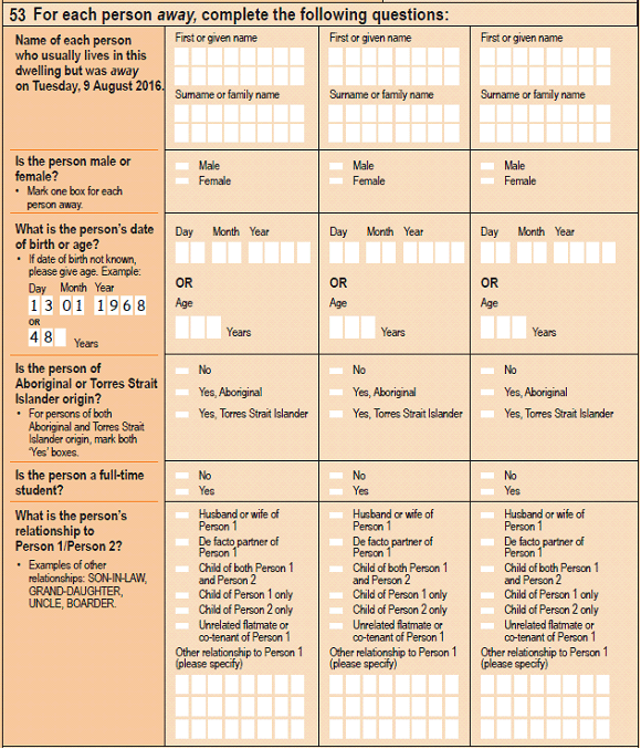 image: Question 53 on the Census form - for each person away, complete the following questions
