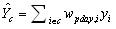 Diagram: Y hat subscript c equals the summation of w subscript pday,i multiplied by y subscript i, over all i belonging to c
