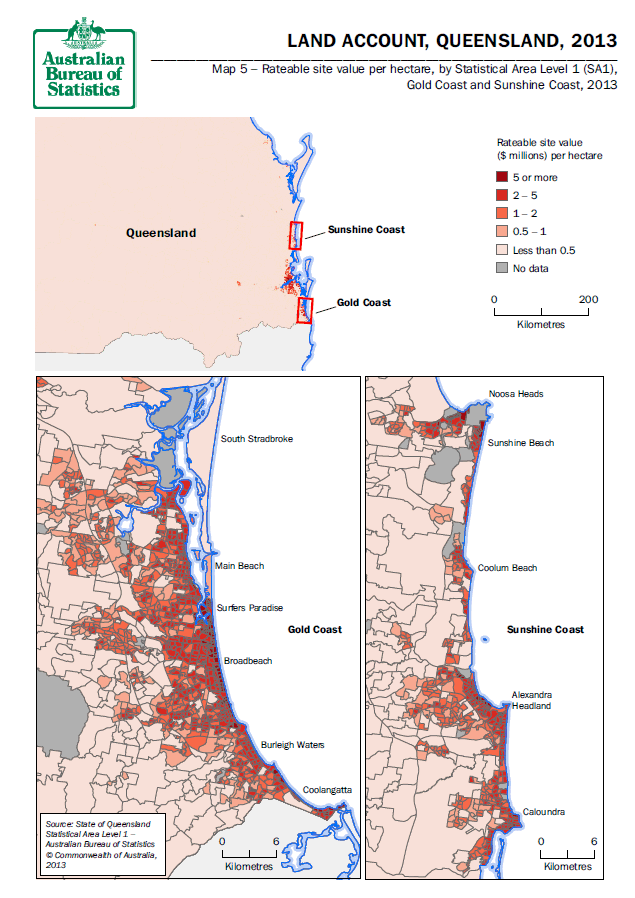Map 5 - Rateable site value per hectare by SA1 Gold Coast and Sunshine Coast