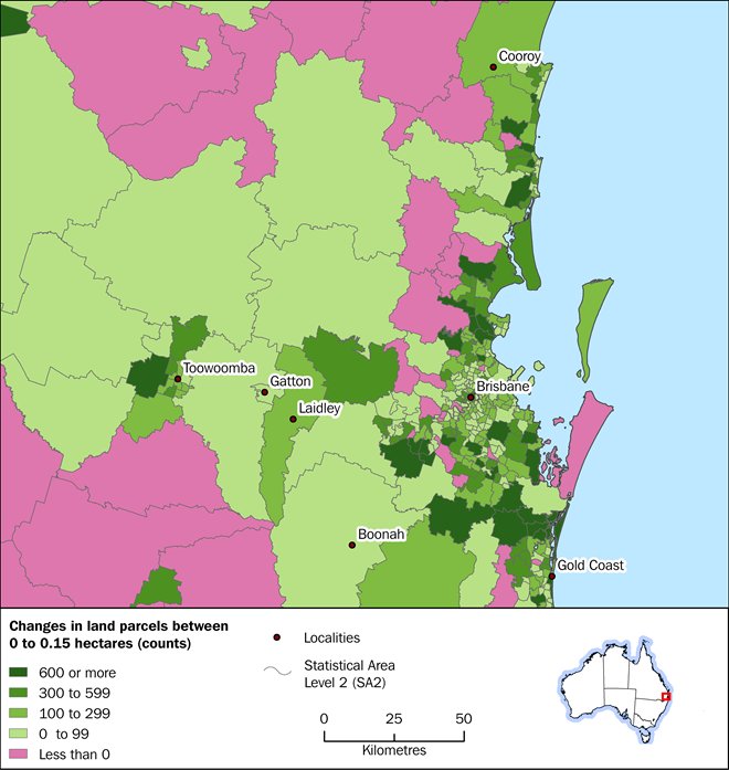 Map: SA2 level changes in predominantly urban residential land parcel counts between November 2011 and November 2016
