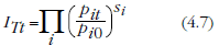Equation: The T�rnqvist price index, is a weighted geometric mean of the price relatives where the weights are the arithmetic average shares of total values in the two periods.