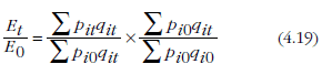Equation: This is an example of a Paasche decomposition. The change in an expenditure aggregate between two periods is the product of a Paasche price index and a Laspeyres volume index.