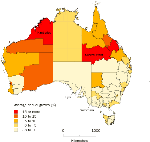 Diagram: Map 1. AVERAGE OWN UNINCORPORATED BUSINESS INCOME, Average annual growth rate, Statistical divisions2003-04 to 2006-07