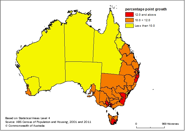 Map: Rate of attainment of higher level qualifications, 20-64 year olds (percentage point growth), 2001 t o 2011