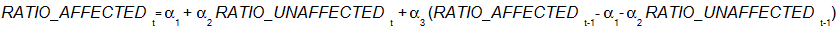 Formula: RATIO_AFFECTEDt= alpha1 + alpha2  RATIO_UNAFFECTEDt + alpha3 (RATIO_AFFECTED(t-1)- alpha1 - alpha2 RATIO_UNAFFECTED(t-1))