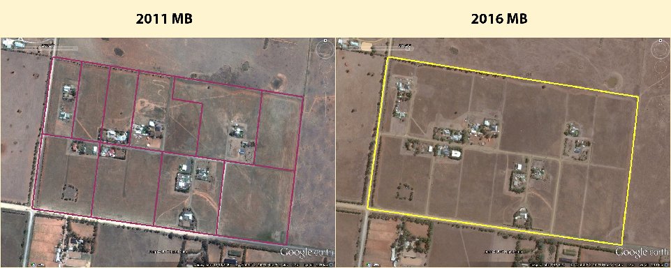 Image on left showing 2011 Mesh Blocks that were inappropriately automatically created. The image on the right shows the Mesh Blocks have been combined to capture the whole area in only 1 Mesh Block for 2016.