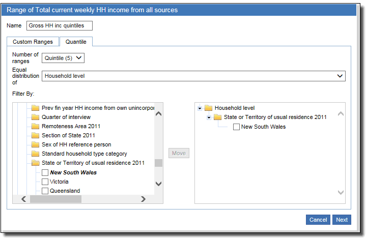 Example of how to use Filter option when creating quintiles