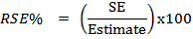 Equation: Relative standard error in percent is equal to the standard error divided by the estimate all multiplied by one hundred