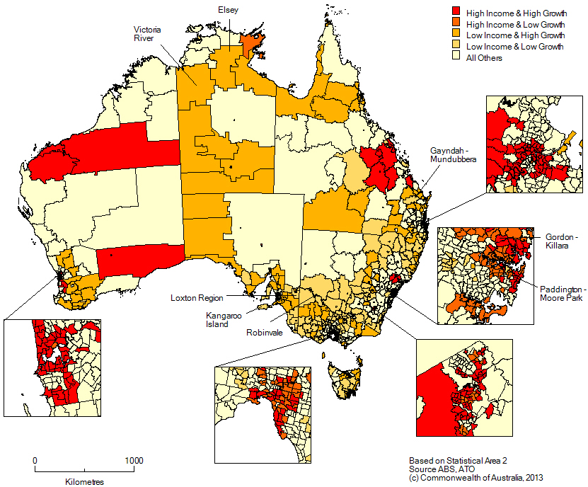 Map of Average Wages and Salaries Income and Growth Rates, SA2s