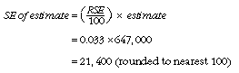 Equation: This equation is used to calculate the SE based on the estimate and corresponding RSE. The SE of an estimate is equal to the RSE divided by 100, multiplied by the estimate