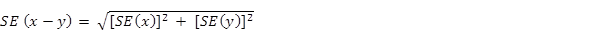Equation: Standard error x minus y equals square root of standard error x squared plus standard error y squared