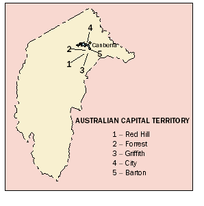 Map of ACT showing location of 5 SLA with highest average wage and salary incomes. 