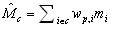 Diagram: M hat subscript c equals the summation of w subscript p,i multiplied by m subscript i, over all i belonging to c