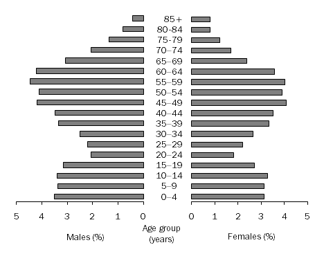 Graph: POPULATION BY AGE GROUP (%), Southern Statistical Division, 2008