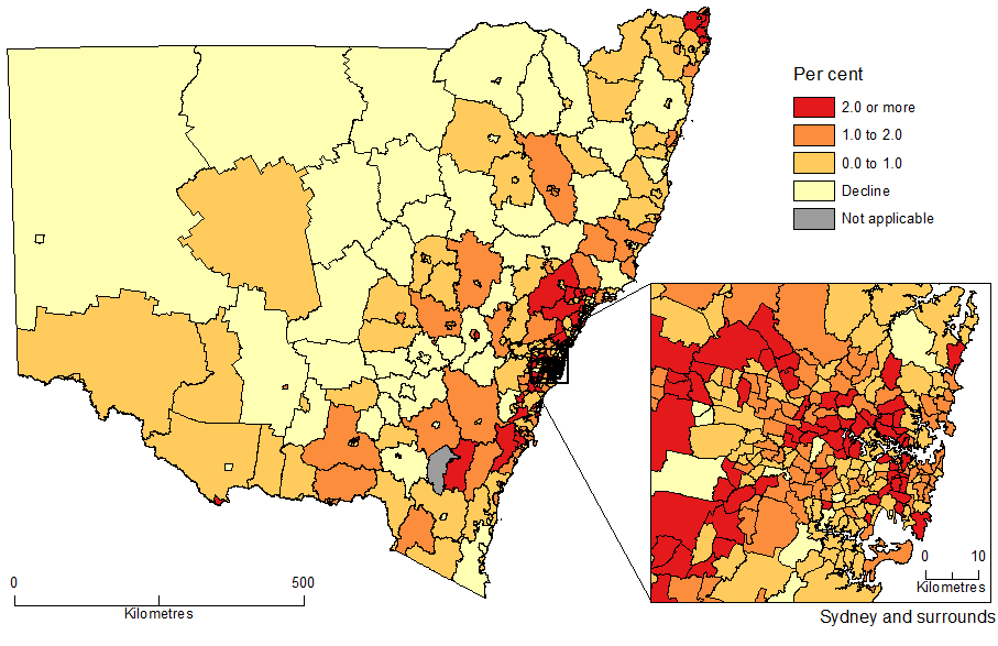 Diagram: POPULATION CHANGE BY SA2, New South Wales - 2014-15