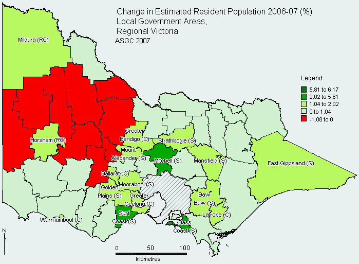 Graph: Change in Estimated Resident Population 2006-07 (%), Local Government Areas, Regional Victoria