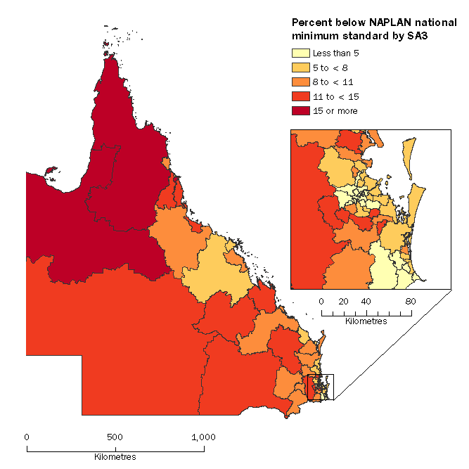 Thematic map: shows that the more remote Statistical Area 3s generally have higher proportions of students scoring below the national minimum standard.